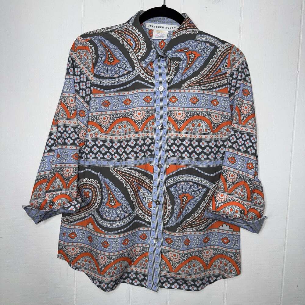 Gretchen Scott Women’s Paisley Park Top Button Up Blouse Blue Orange Size Small